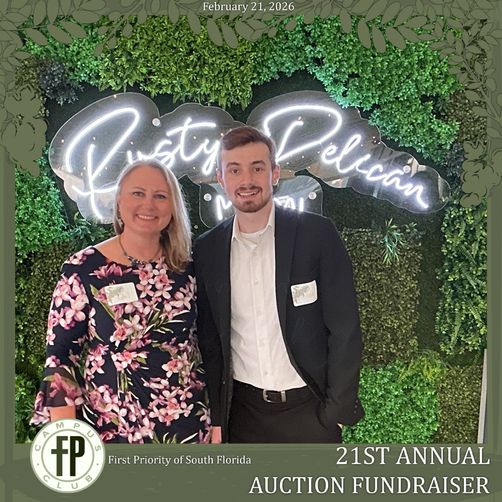 Two guests smiling in front of a leafy backdrop, with a fundraiser photo template