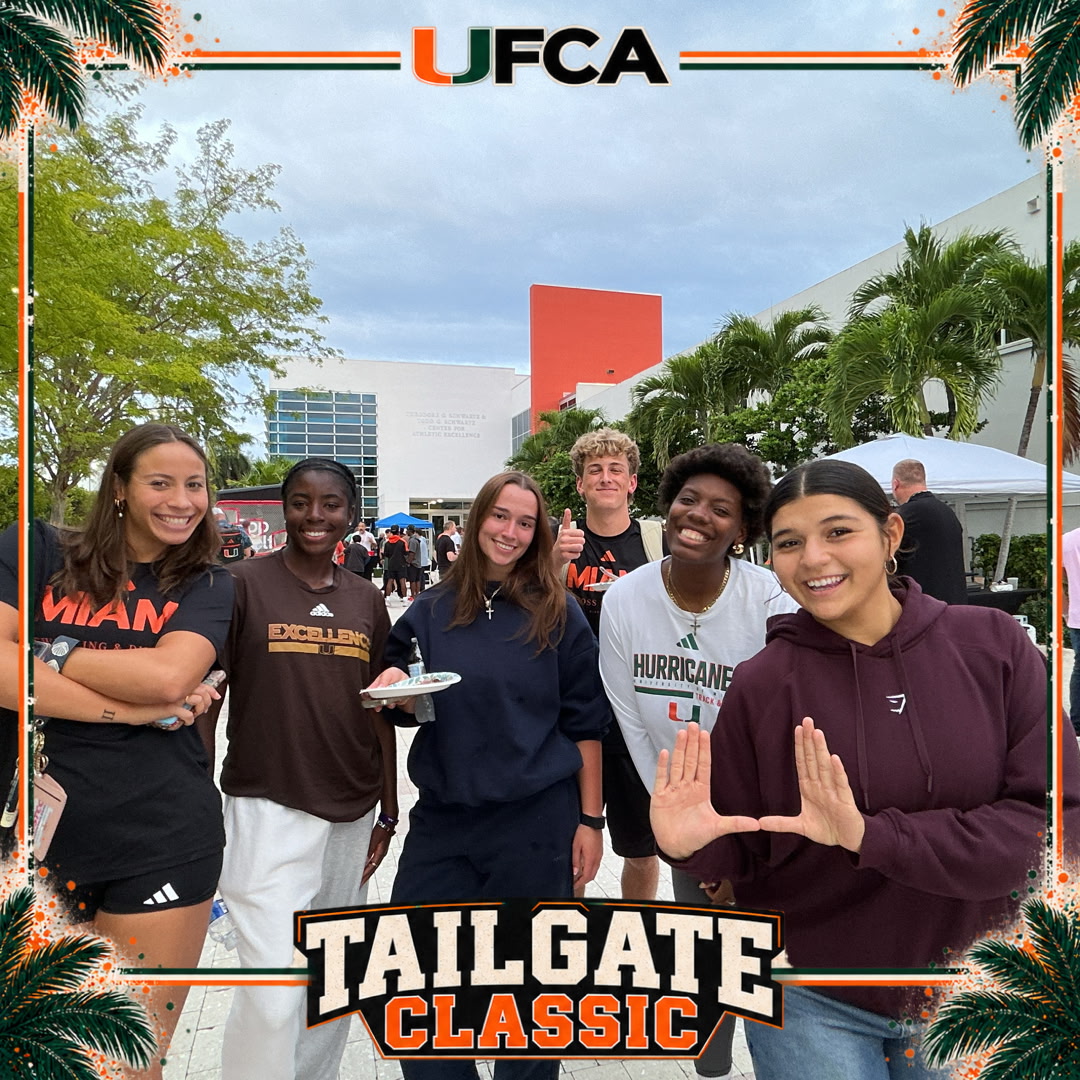 Friends gathered at an outdoor tailgate party with a green and orange photo template