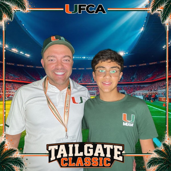 Two guests in Miami colors posing with a stadium backdrop and a tailgate party photo template